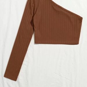 Ribbed One-Shoulder Top -Brown